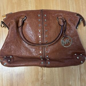 Michael Kors Brown Studded Leather Satchel with Logo Charm